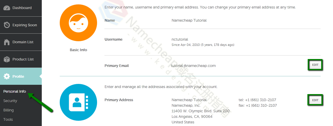 Namecheap如何更新个人资料中个人详细信息？
